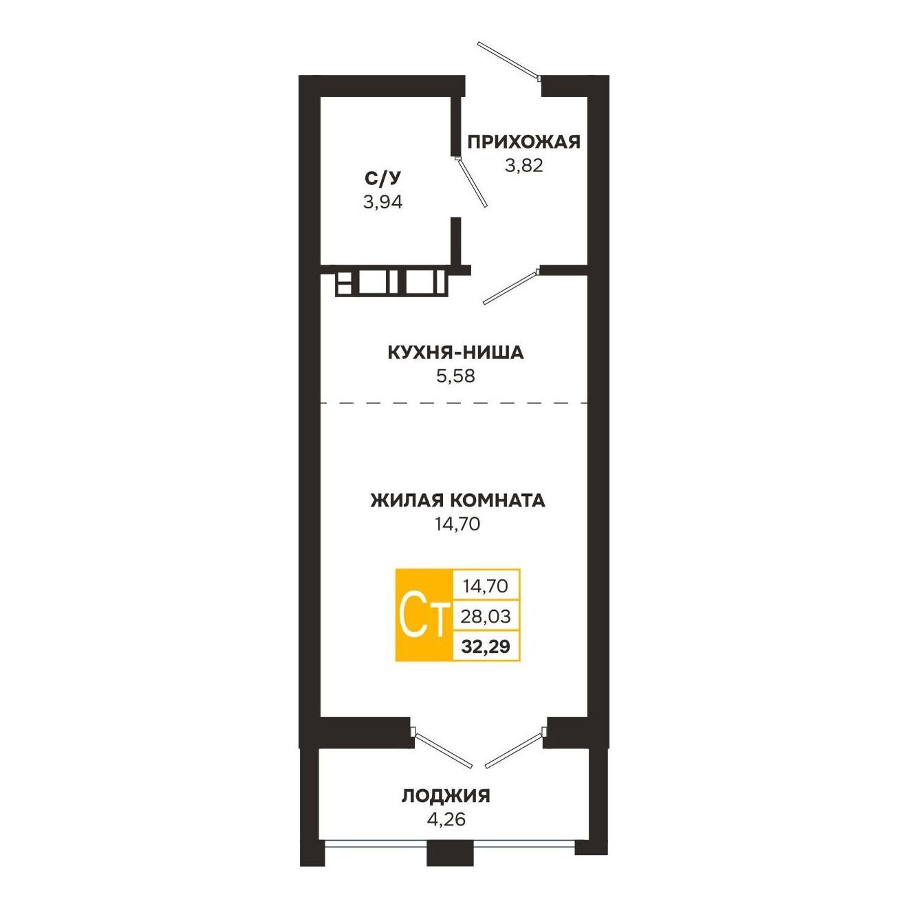 Планировка: Квартира-студия — 32,29 м²