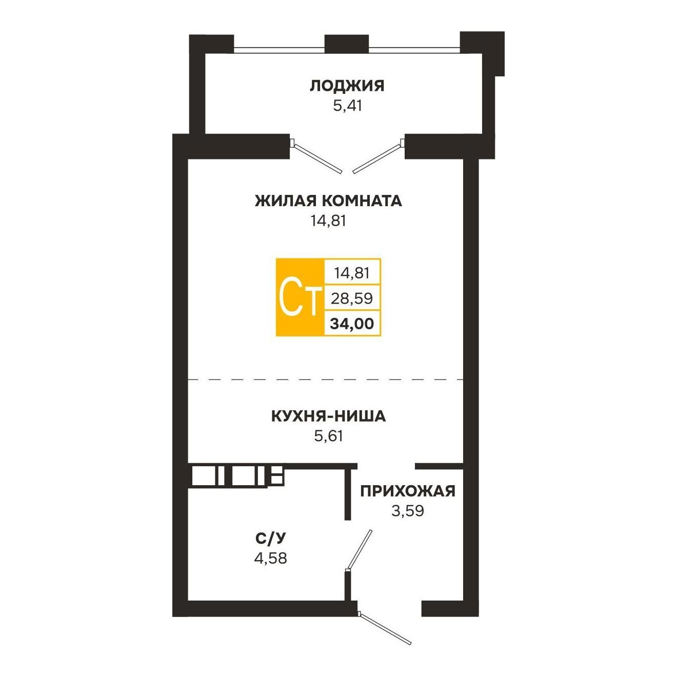 Планировка: Квартира-студия — 34 м²